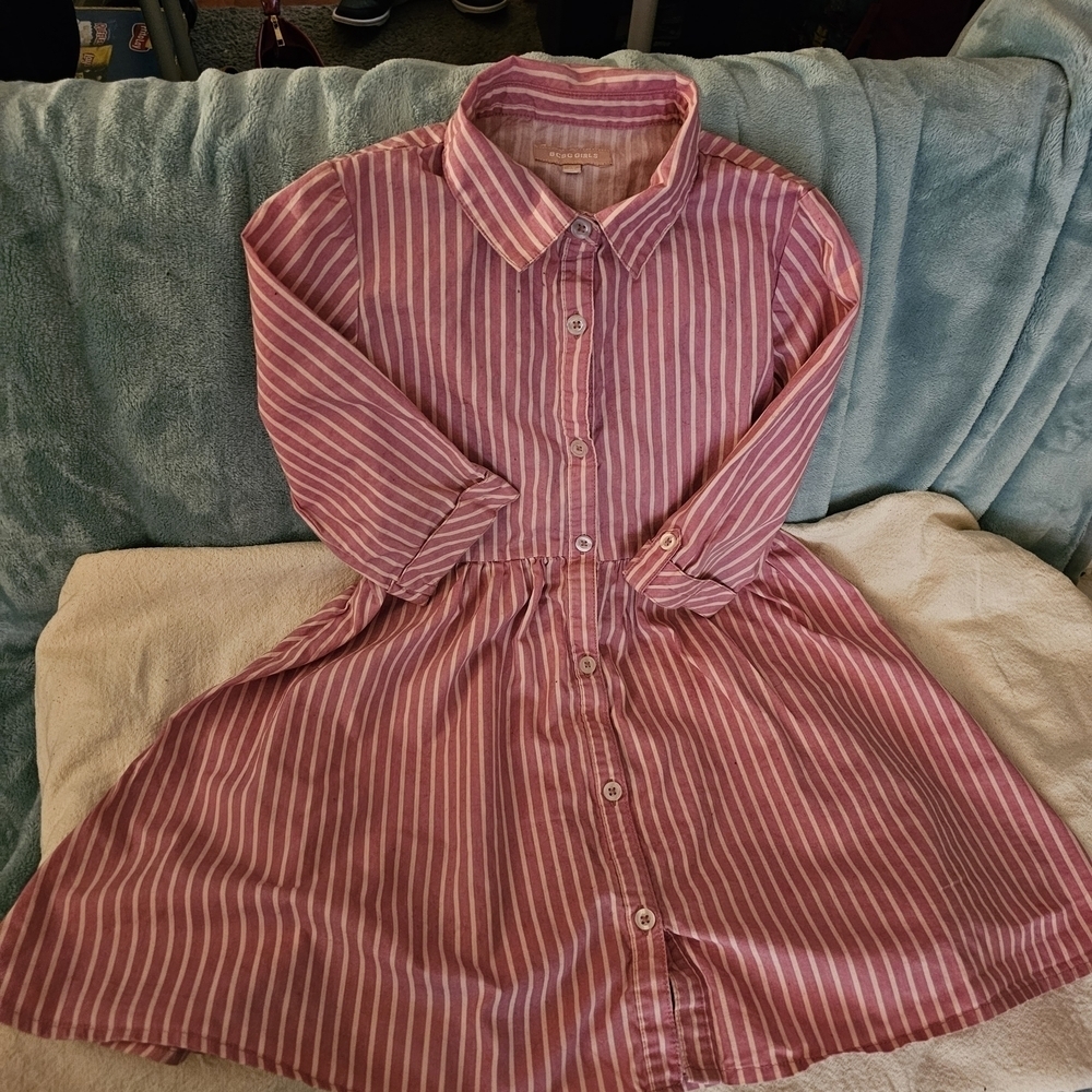 Pink A-Line Dress with 3/4 Sleeve and Pleats Preppy Casual - Picture 3 of 8